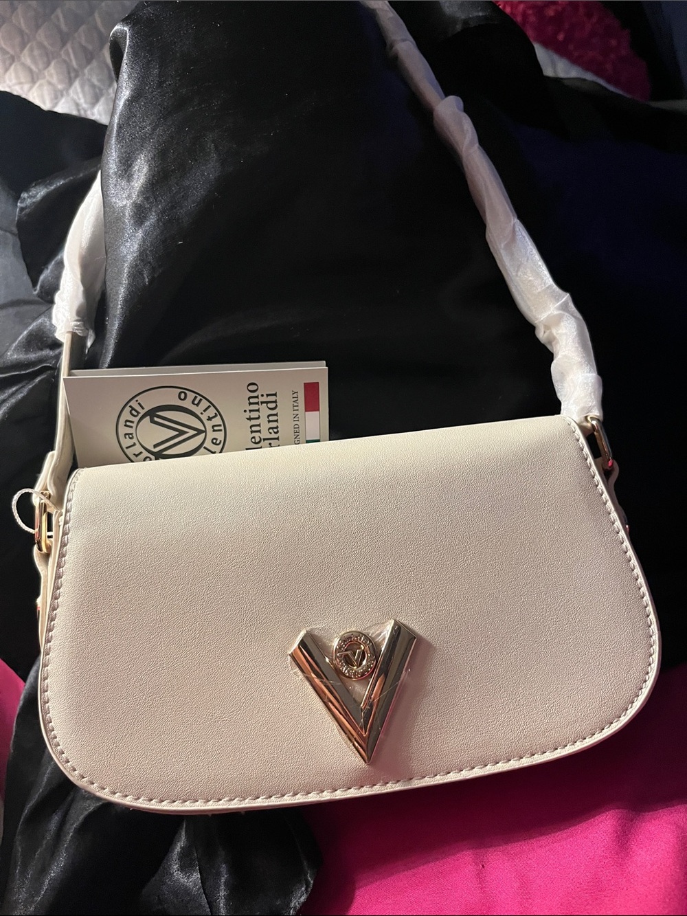 Valentino Orlandi Cream Shoulder Bag with Gold V-Emblem